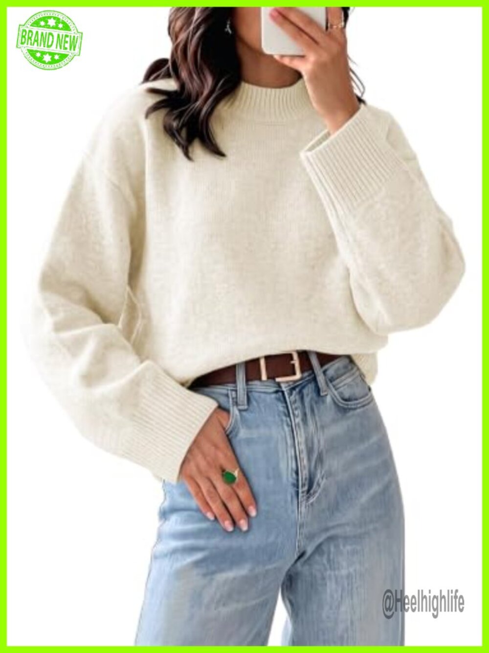Mock Neck Oversized Knit Pullover Sweater with Batwing Sleeves